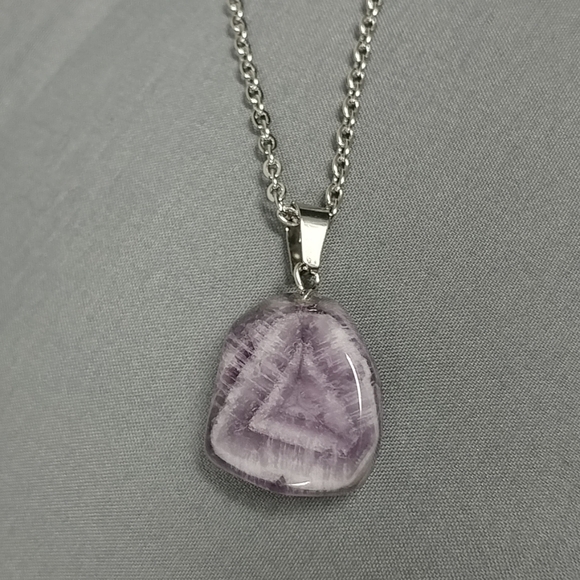 Chevron Purple Amethyst Necklace Natural Gemstone Pendant Stainless-Steel Chain - Picture 1 of 17